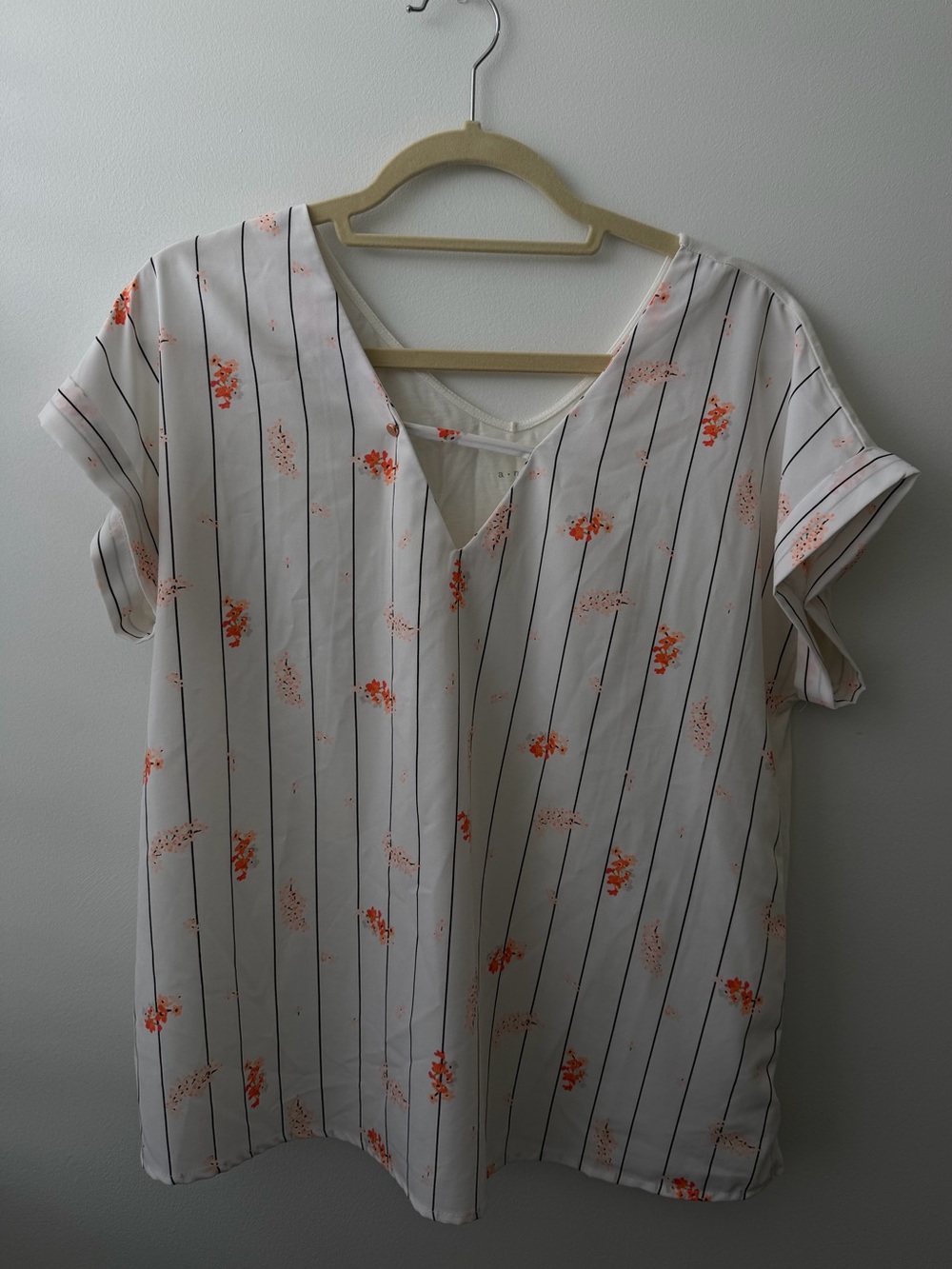 Striped Floral V-Neck Women’s Top in White and Orange